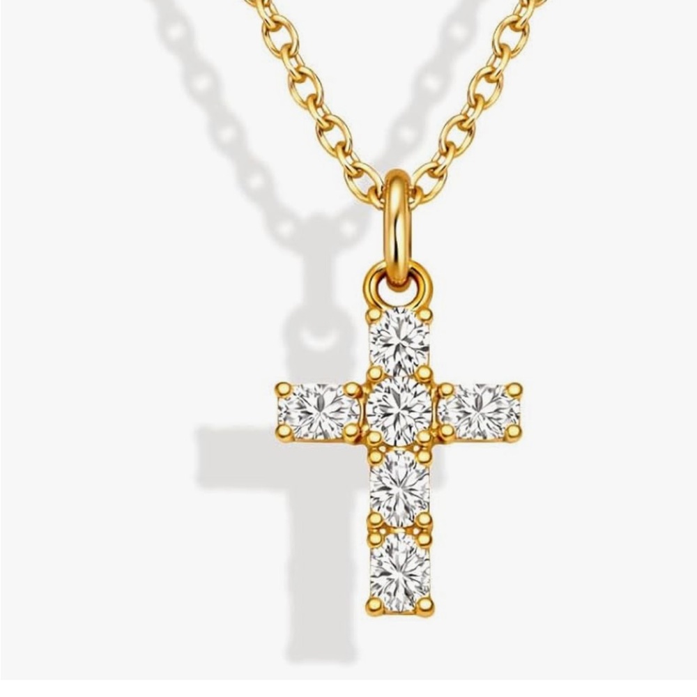 SWEET PEEPS 18K Gold Dipped CZ Cross Necklace Gold Dainty Minimalist 16” Chain - Picture 3 of 7
